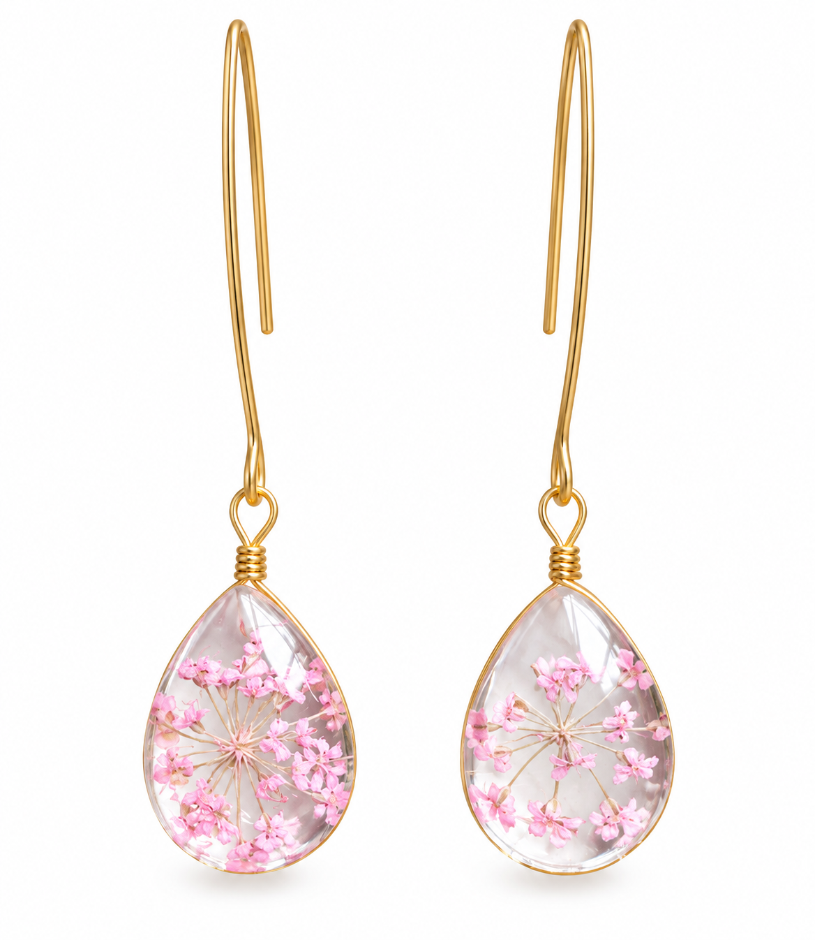 Gouden Oorbellen met Roze Bloemen – Glazen Druppelhangers