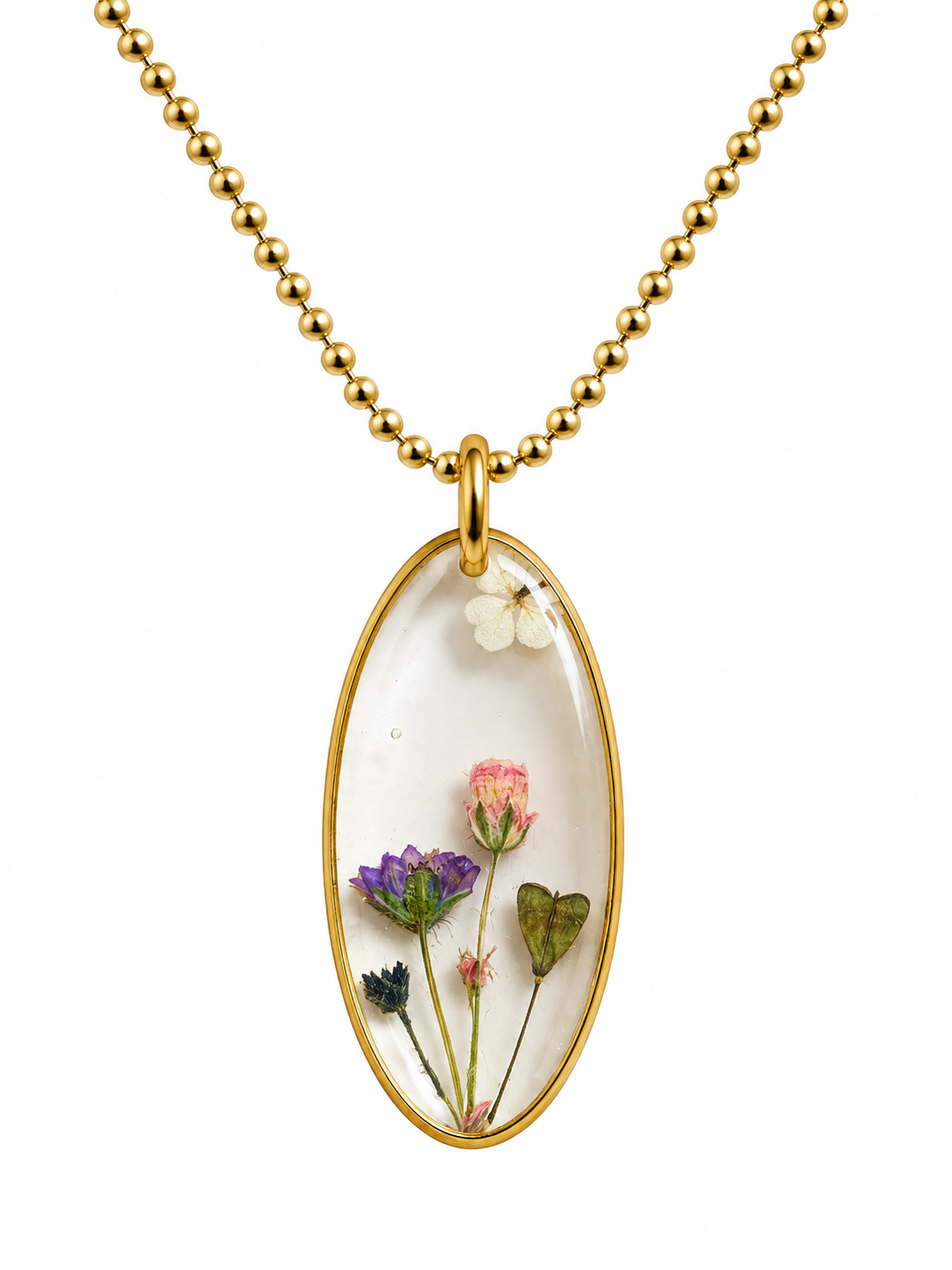Goudkleurige ketting met transparante bloemenhanger – echte droogbloemen