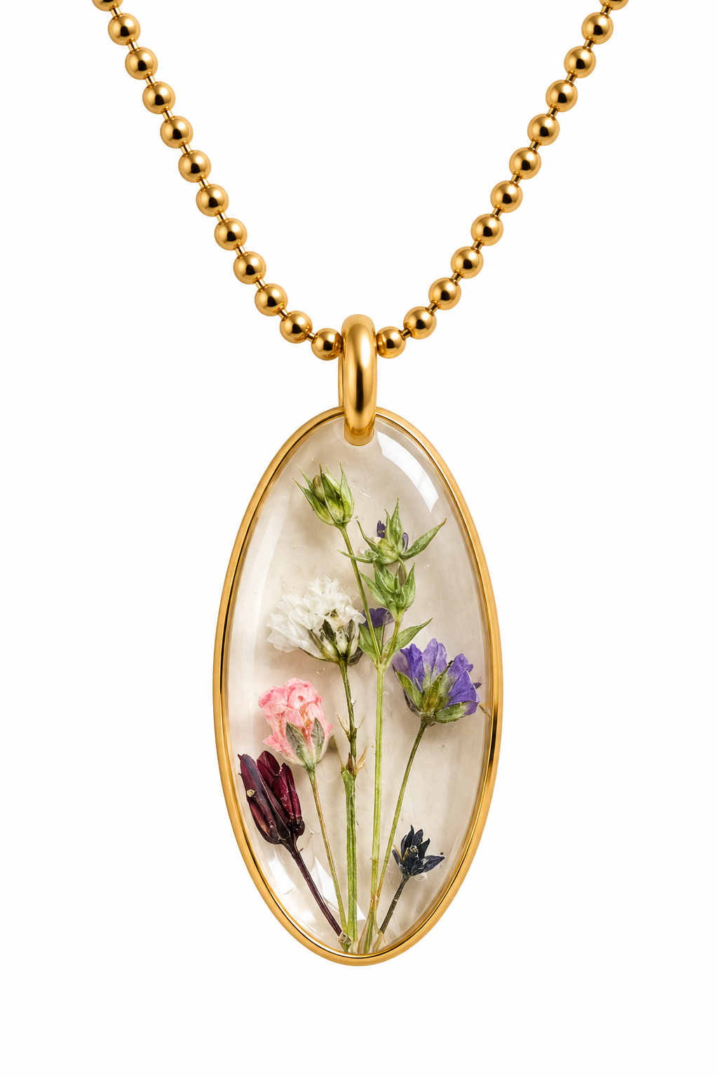 Goudkleurige ketting met transparante bloemenhanger – echte droogbloemen