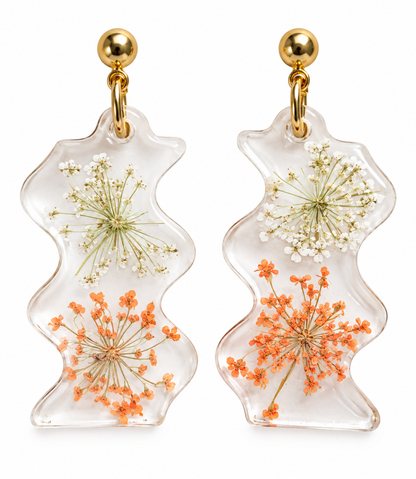 Gouden Oorbellen met Echte Droogbloemen – Transparante Statement Oorbellen Oranje & Wit