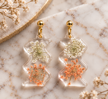 Gouden Oorbellen met Echte Droogbloemen – Transparante Statement Oorbellen Oranje & Wit