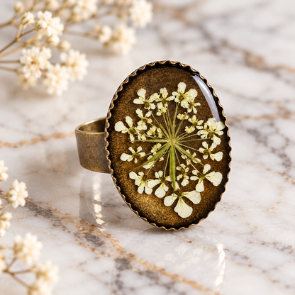 Vintage ring met echte droogbloemen -verstelbaar