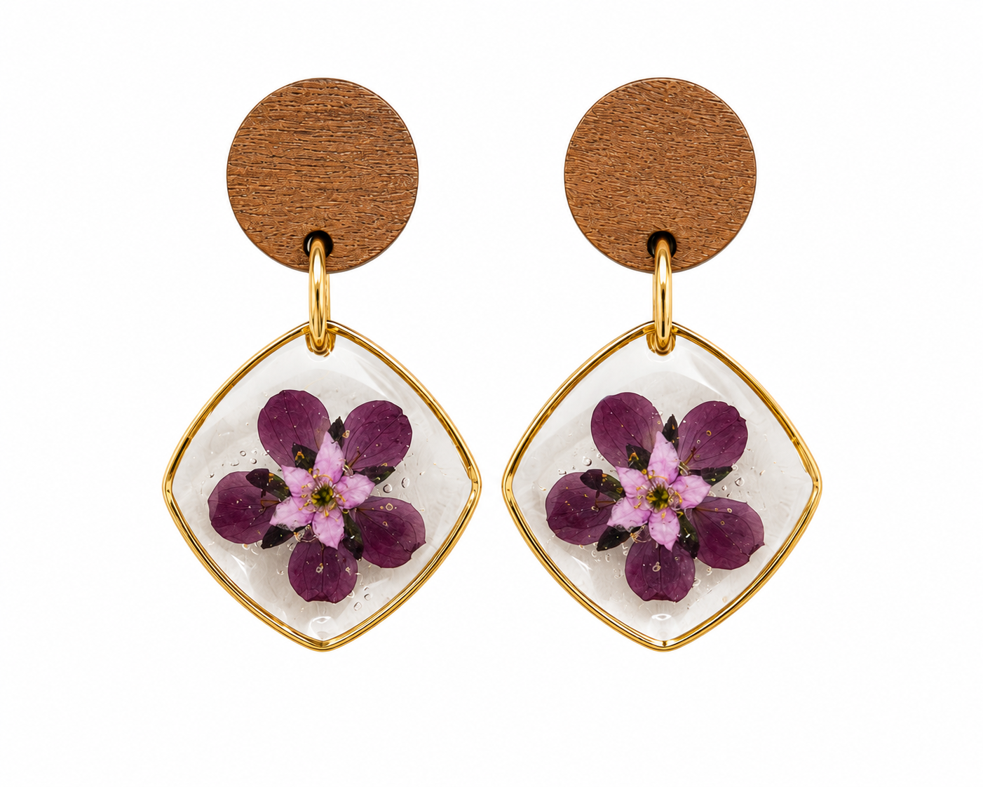 Handgemaakte Houten Oorbellen met Paarse Droogbloemen