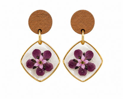 Handgemaakte Houten Oorbellen met Paarse Droogbloemen