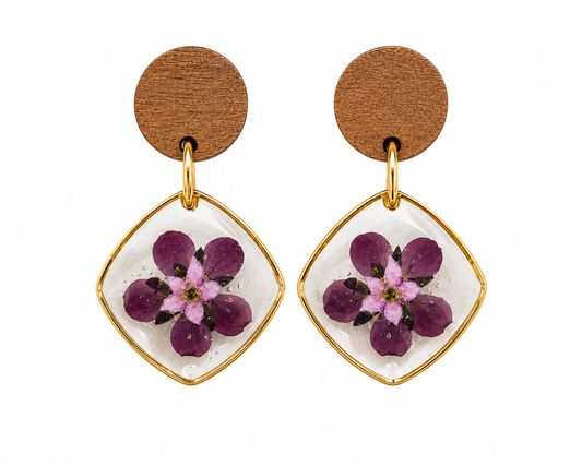 Handgemaakte Houten Oorbellen met Paarse Droogbloemen